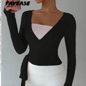 Shein Yoga Pilates Wrap Tops Set of 2 Black and White Small